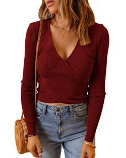 Cicy Bell Damen Pullover V Ausschnitt Langarmshirts Crop Tops Sexy Strick Oberteile Shirts Burgunderrot XXL von Cicy Bell