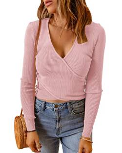 Cicy Bell Damen Pullover V Ausschnitt Langarmshirts Crop Tops Sexy Strick Oberteile Shirts Rosa XL von Cicy Bell