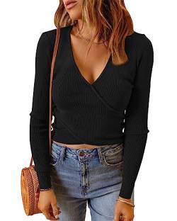 Cicy Bell Damen Pullover V Ausschnitt Langarmshirts Crop Tops Sexy Strick Oberteile Shirts Schwarz M von Cicy Bell