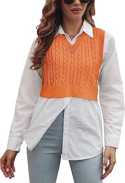 Cicy Bell Damen Pullunder Sweater Vest Ärmellos V-Ausschnitt Westen Klassisch Gestrickte Gestreifte Pullover Orange L von Cicy Bell