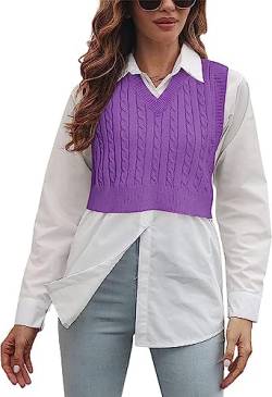 Cicy Bell Damen Pullunder Sweater Vest Ärmellos V-Ausschnitt Westen Klassisch Gestrickte Gestreifte Pullover Violett S von Cicy Bell