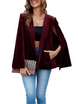 Cicy Bell Damen Samt Cape Blazer Jacken Casual Split Langarm Open Front Mantel, Burgunder, XL von Cicy Bell