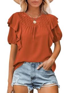 Cicy Bell Damen-Sommer-Top, Rüschen, kurze Ärmel, Spitze, Häkelshirt, elegant, lässig, lockere Tunika-Bluse, Ziegelrot, Mittel von Cicy Bell