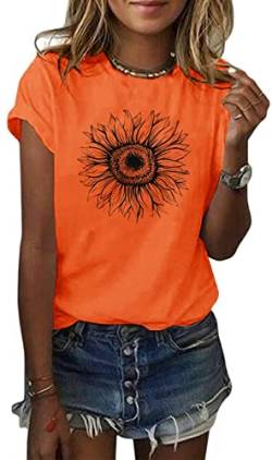 Cicy Bell Damen Sonnenblume T-Shirt Sommer Kurzarm Niedlich Grafik Lose Tees Tops, Y-fluoreszierendes Orange, XX-Large von Cicy Bell