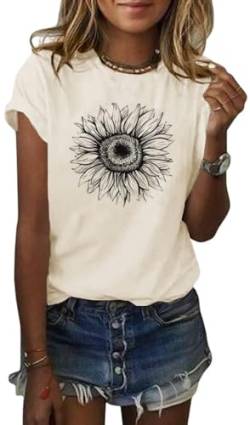 Cicy Bell Damen Sonnenblumen T Shirt Sommer Kurzarm Niedlich Grafik Lose T-Shirts Für Damen Tops Beige M von Cicy Bell