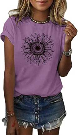 Cicy Bell Damen Sonnenblumen T Shirt Sommer Kurzarm Niedlich Grafik Lose T-Shirts Für Damen Tops Lila XL von Cicy Bell