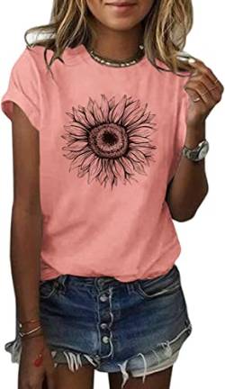 Cicy Bell Damen Sonnenblumen T Shirt Sommer Kurzarm Niedlich Grafik Lose T-Shirts Für Damen Tops Rosa M von Cicy Bell