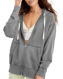 Cicy Bell Damen Sweatjacke Hoodie Oversize Kapuzenpullover Full Zip Pullover Oberteile Einfarbig Basic Sweatshirt Mit Taschen Grau S von Cicy Bell