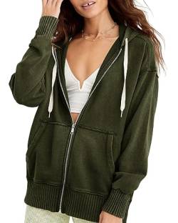 Cicy Bell Damen Sweatjacke Hoodie Oversize Kapuzenpullover Full Zip Pullover Oberteile Einfarbig Basic Sweatshirt Mit Taschen Military Green L von Cicy Bell