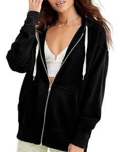 Cicy Bell Damen Sweatjacke Hoodie Oversize Kapuzenpullover Full Zip Pullover Oberteile Einfarbig Basic Sweatshirt Mit Taschen Schwarz L von Cicy Bell