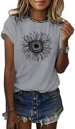 Cicy Bell Damen T Shirts Kurzarm Tees Sonnenblume Grafik Lose Sommer Tops, GRAU, XX-Large von Cicy Bell