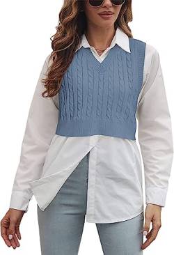 Cicy Bell Damen V-Ausschnitt Strick Pullover Weste Solide Plaid Ärmellose Crop Strickweste Blau M von Cicy Bell