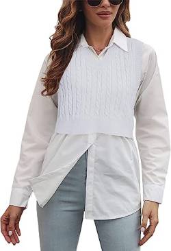 Cicy Bell Damen V-Ausschnitt Strick Pullover Weste Solide Plaid Ärmellose Crop Strickweste Weiß XL von Cicy Bell