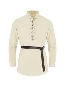 Cicy Bell Herren Leinenhemd Langarm Henley Schnürhemd Mittelalter Freizeithemd V Ausschnitt Oberteile Beige M von Cicy Bell