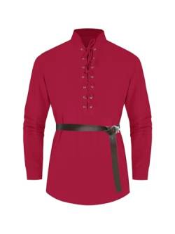 Cicy Bell Herren Leinenhemd Langarm Henley Schnürhemd Mittelalter Freizeithemd V Ausschnitt Oberteile Rot L von Cicy Bell