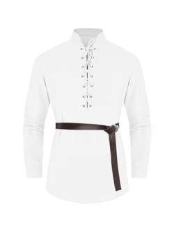 Cicy Bell Herren Leinenhemd Langarm Henley Schnürhemd Mittelalter Freizeithemd V Ausschnitt Oberteile Weiß M von Cicy Bell