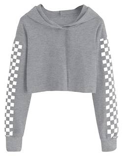 Cicy Bell Kapuzenpullover Für Mädchen Kinder Crop Tops Niedlich Plaid Langarm Mode Hoodie Sweatshirts Grau 130 von Cicy Bell