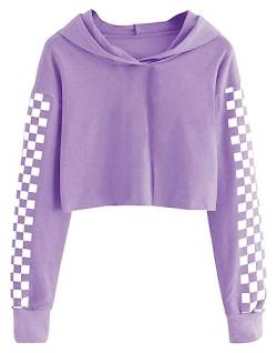 Cicy Bell Kapuzenpullover Für Mädchen Kinder Crop Tops Niedlich Plaid Langarm Mode Hoodie Sweatshirts Lila 120 von Cicy Bell