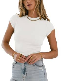 Cicy Bell Kurzärmeliges Basic-T-Shirt für Damen, Sommer, Rundhalsausschnitt, enganliegend, gerippt, einfarbig, Blusen-Tops, Weiss/opulenter Garten, Klein von Cicy Bell