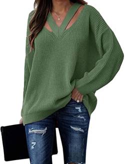 Cicy Bell Pullover für Damen V-Ausschnitt Hollow Out Oberteile Langarm Lässige Stricktops Grün L von Cicy Bell