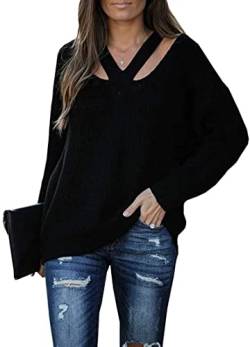 Cicy Bell Pullover für Damen V-Ausschnitt Hollow Out Oberteile Langarm Lässige Stricktops Schwarz S von Cicy Bell