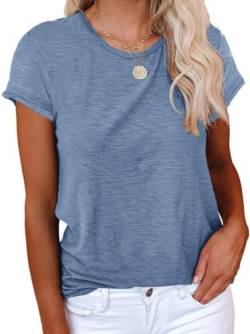 Cicy Bell T-Shirt Damen Kurzarmhemden für Damen Oberteile Rundhals Casual Locker Lässig Sommer Baumwolle T-Shirts Blau L von Cicy Bell