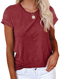 Cicy Bell T-Shirt Für Damen Sommer Kurzarm Oberteile Rundhals Casual Basic Shirts Tops Weinrot M von Cicy Bell