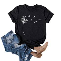 Cicy Bell Tops für Damen Pusteblume T-Shirt Grafische Löwenzahn Druck Rundhals Sommer Baumwoll Kurzarm T Shirts Schwarz L von Cicy Bell