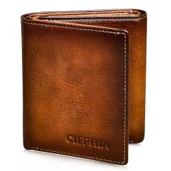 Ciephia Herren Geldbörse aus echtem Leder, dreifach gefaltet, mit Ausweisfenster, RFID-blockierend, große Kapazität, mit ausklappbarem Ausweishalter, Gelbbraun, Vintage von Ciephia