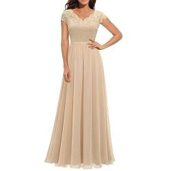 Cihdmfb Abendkleid Damen Elegant Lang Ballkleid V-Ausschnitt Hochzeit Brautjungfernkleider Damen Hohe Taille A Linie Cocktailkleid Damen Lang Halbarm Spitzenkleid Abschlusskleid(B Beige,L) von Cihdmfb