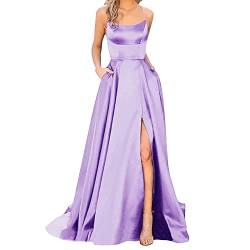 Cihdmfb Abendkleid Damen Elegant Lange Schulterfrei Ballkleider Satin A-Linie Hochzeitskleid Sexy Neckholder Spaghetti Brautkleid Kleider mit Taschen Lang Prinzessin Brautjungfer Kleid(A Violett,S) von Cihdmfb