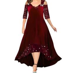 Cihdmfb Abendkleid Damen Elegant Samtkleid 1/2 Ärmel Cocktailkleid Oversize Unregelmäßige Saum Ballkleider V-Ausschnitt Schulterfrei Kleid Festliches Partykleid knielangen für Hochzeit(A Rot,4XL) von Cihdmfb