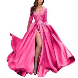 Cihdmfb Abendkleider Damen Elegant Lange Ballkleider mit Schlitz A-Linie Hochzeitskleid Abendkleider Tief V-Ausschnitt Langarm Brautkleid Kleider Festlich Kleider Cocktailkleid(A Heißes Rosa,XL) von Cihdmfb