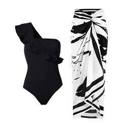 Cihdmfb Badeanzug Damen Bauchweg V Ausschnitt Blume Druck Bademode High Waist Swimsuit Push up Einteiler Bademode + 1-teiliges Vertuschung Schwimmrock Schwimmanzug Sommer Strandmode(G A,M) von Cihdmfb