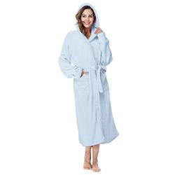 Cihdmfb Bademantel mit Kapuze Damen Flauschig Weich Bademantel mit Taschen Winter Elegant Einfarbig Lang Warm Morgenmantel mit Gürtel Fleece Robe Kuschelige Bademäntel für Damen(D Blau,M) von Cihdmfb