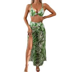 Cihdmfb Dreiteiliger Anzug Badeanzug Damen Bademode mit Strandkleider Push up Bikini Sets V Ausschnitt Badeanzüge Damen Sexy High Waist Badeanzug Swimsuit Bademode Elegant Strandkleid(E Grün,S) von Cihdmfb