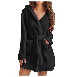 Cihdmfb Fleece Bademantel mit Kapuze Damen kurz Plüsch Bademantel Winter Einfarbig Warme Morgenmantel Damen leicht flauschig Bademäntel süß kurz Hausmantel mit Taschen(A Schwarz,S) von Cihdmfb