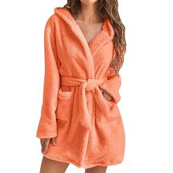 Cihdmfb Fleece Bademantel mit Kapuze Damen kurz Plüsch Bademantel Winter Einfarbig Warme Morgenmantel Damen leicht flauschig Bademäntel süß kurz Hausmantel mit Taschen(E Orange,L) von Cihdmfb