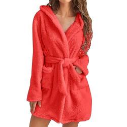 Cihdmfb Fleece Bademantel mit Kapuze Damen kurz Plüsch Bademantel Winter Einfarbig Warme Morgenmantel Damen leicht flauschig Bademäntel süß kurz Hausmantel mit Taschen(E Rot,5XL) von Cihdmfb