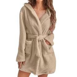 Cihdmfb Fleece Bademantel mit Kapuze Damen kurz Plüsch Bademantel Winter Einfarbig Warme Morgenmantel Damen leicht flauschig Bademäntel süß kurz Hausmantel mit Taschen(Ya Khaki,S) von Cihdmfb