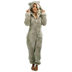 Cihdmfb Jumpsuit Damen Winter Warmer Overall Teddy Fleece Einteiler Solide Schlafanzug Kuschelig Lang Pyjama Flauschig Weich Hausanzug mit Kapuze 1/4 Zip Schlafoverall Lässig Homewear(A Grau,5XL) von Cihdmfb