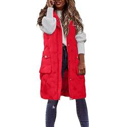 Cihdmfb Lange Jacke Weste Damen Ärmellose Kapuzenweste Steppweste Große Größe Winterjacke üBergangsweste Damen Lang Reißverschluss Longweste Weste Mantel Outdoor Winterjacke Mit Tasche(A Rot,5XL) von Cihdmfb