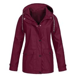 Cihdmfb Regenjacke Damen Wasserdicht Atmungsaktiv Regenmantel mit Kapuze Übergangsjacke Leichte Winterjacke Outdoorjacke Fleece Jacke Mäntel Oversize Einfarbig Winddicht Jacken Mantel(A Wein,S) von Cihdmfb