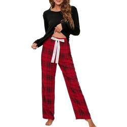 Cihdmfb Schlafanzug Damen Lang Pyjama Set Zweiteiliger Nachtwäsche mit Rundhals Sleepwear und Karierte Elastischer Bund Pyjamahose Hausanzug Freizeitanzug für Frühling Herbst(A Schwarz,XXL) von Cihdmfb