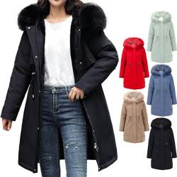 Cihdmfb Steppjacke Damen Winterjacke Kunstfellkragen Warm Dicker Parka mit Fell Kapuze Outdoor Jacke Oversized Einfarbig Warm Wintermantel Casual Lose Wollfleece Fleecefutter Mantel(F Schwarz,5XL) von Cihdmfb