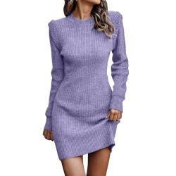 Cihdmfb Strickkleid Damen Elegant Pulloverkleid Basic Einfarbig Winterkleider Damen Rundhals Langarm Wickelkleid Hohe Elastizität Slim Fit Pulloverkleid Minikleid für Herbst Winter(B Violett,3XL) von Cihdmfb