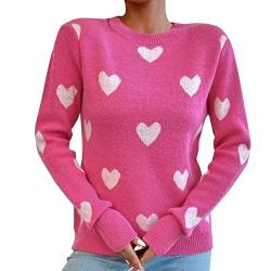 Cihdmfb Strickpullover Damen Winter Valentinstag Herz Drucken Langarm Pullover Sweatshirt Colorblock Gestrickte Warme Strickpulli Jumper Casual Lose Sweater Oberteile Tops(AA-Rosa,M) von Cihdmfb