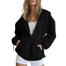 Cihdmfb Sweatjacke Damen Winter Einfarbig Kapuzenjacke Casual Lose Sweatshirt Kapuzenpullover Mit Kapuze Reißverschluss Mantel Lang Pullover Y2K Teenager Mädchen Kaputzenpullis(B Schwarz,5XL) von Cihdmfb