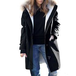 Cihdmfb Winterjacke Damen Elegant Einfarbig Lang Steppmantel Gefüttert Wintermantel Winter Jacke mit Kapuze Verdicken Gefüttert Warm Jacke Mantel mit ReißVerschlüSse und Knöpfe(B Schwarz,3XL) von Cihdmfb