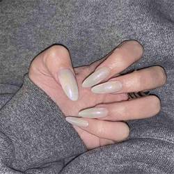 Cimenexe Almond Press on Nails Nude White Fake Nails Clear French Tip Nails Oval Artificial Fingernails Medium Fingernails Full Cover Acryl Nail Glossy False Nails for Women and Girls 24Pcs von Cimenexe